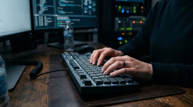 Hacker hands typing on mechanical keyboard in dark room, cybercrime concept.