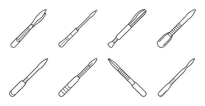 Set of eight different medical scissors icons - Minimalist vector icons of various medical scissors styles for medical or office use