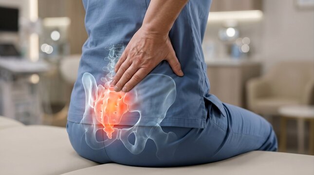 Woman Suffering From Coccyx Pain With Tailbone Anatomy Overlay
