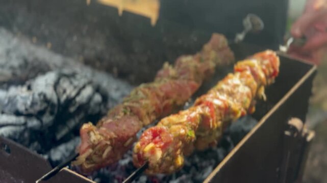 Outdoor Barbecue: Grilling Juicy Meat Shashlik on Skewer Over Open Fire