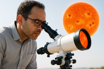 Fototapeta premium Man observing the sun with a telescope under clear sky, focus on solar science and astronomy with realistic light and educational background concept. Ai generative