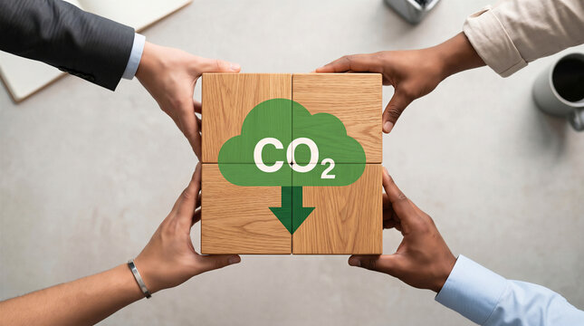 Hands of a diverse business team assembling wooden blocks with a CO2 reduction icon, depicting a carbon neutral concept