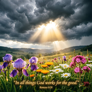 Sunbeams breaking through dark clouds over wildflower meadow with bible verse Romans 8:28