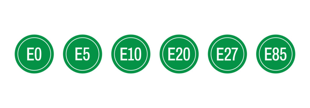 Green Ethanol Fuel Labels Set E0 E5 E10 E20 E27 and E85 Bioethanol Petrol Sticker Icons Vector Illustration