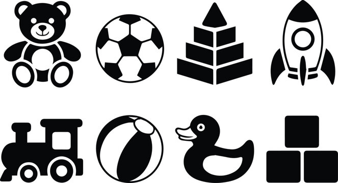 toy vector icons train beach ball rubber duck building blocks