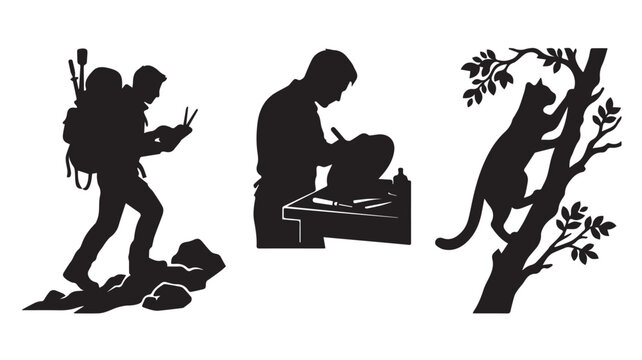Black silhouette set of a hiker, a working man and a cat climbing a tree Vector