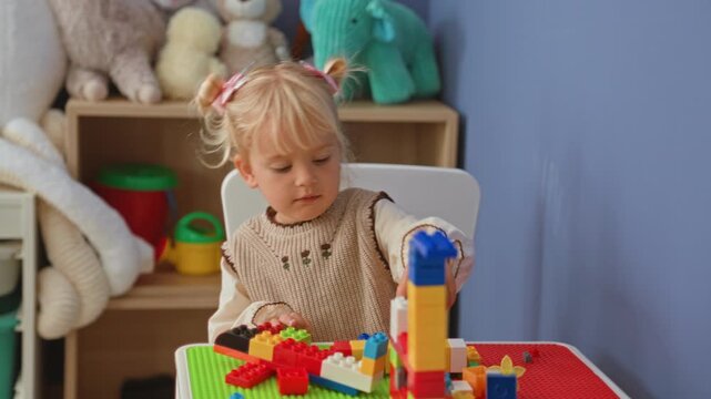 Little blonde girl building a colorful block tower while seated at a playroom table with stuffed plush toys on a shelf nearby; playful curiosity.