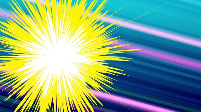 Anime manga style comic explosion with bright yellow burst on blue background. Dynamic radial speed lines for pop art action scene.