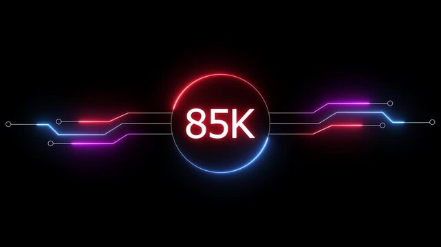 Neon social media followers or subscribers. Neon 85K celebration text animation background. on a black background. and creating a stunning 4k video.