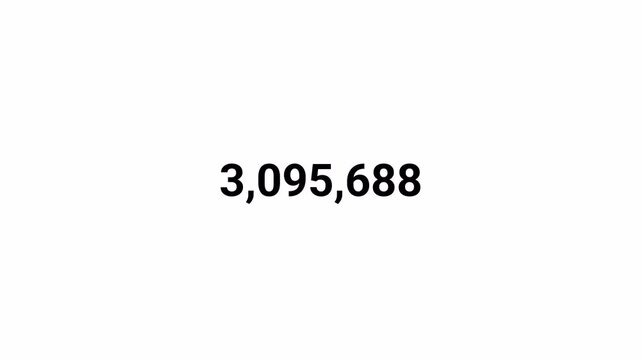 number counter animation zero to five million numbers on transparent background, counting Numbers 0 to 500000 animation with alpha channel for views, likes and share counts