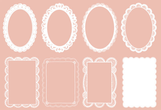 Hand drawn vintage retro lace frame set. Whimsical rectangular and oval elegant crochet doilies in crochet style with squiggles decorative border for wedding or birthday invitation cards