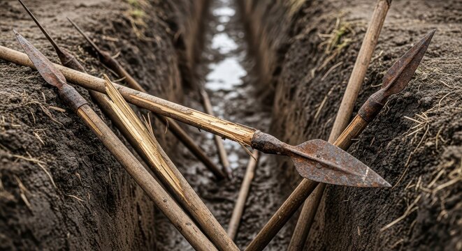 Broken Ancient Wooden Spear Resting in Muddy Trench