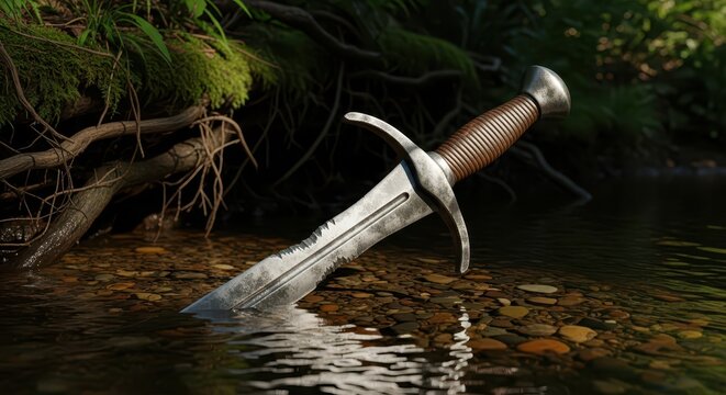 A battle-worn medieval sword submerged in a forest stream, evoking adventure and history.