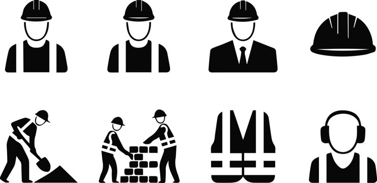 Construction workers and safety gear icons