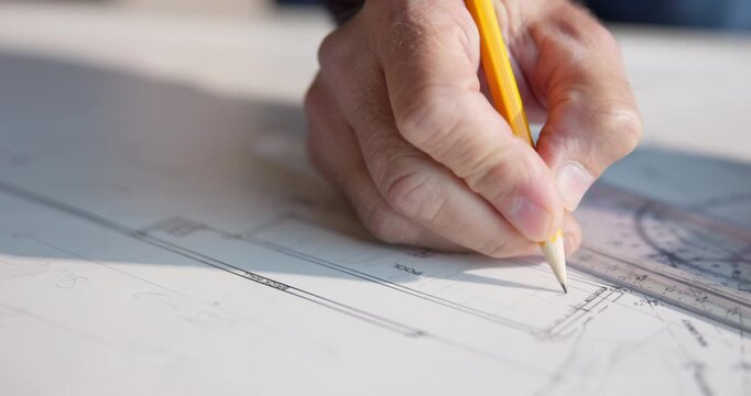 Hands, drawing and architect with blueprint in office for building, renovation or city planning. Man, civil engineering and contractor with stationery for sketch on construction design in workplace.