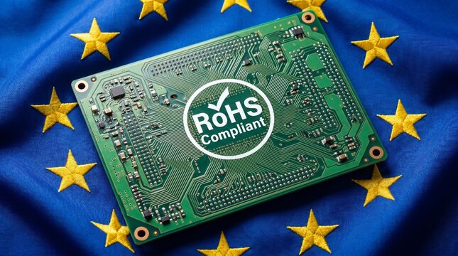 RoHS Compliant Circuit Board on European Union Flag, Illustrating Adherence to EU Environmental Directives for Electronic Component Manufacturing and Sustainable Standards