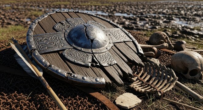 A Cracked Wooden Viking Shield with Metal Reinforcements Lying on the Ground