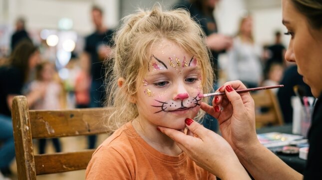 Halloween face painting for kids little girl getting cat face painted for halloween party