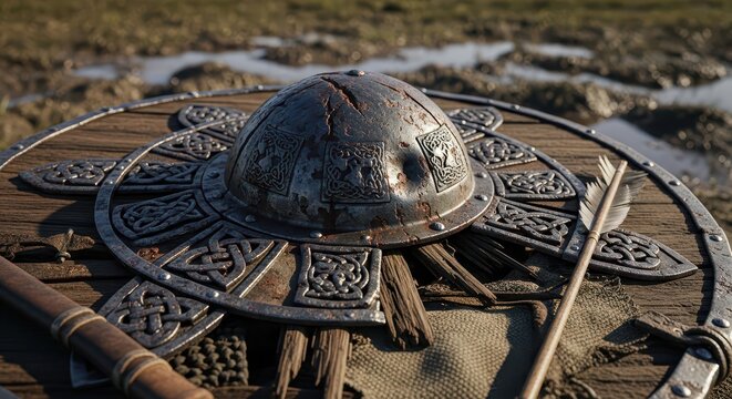 A Heavily Damaged Wooden Viking Shield with Ornate Metal Boss on a Textured Surface