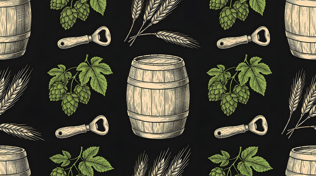 Vintage brewery pattern with beer wooden barrels hops wheat and bottle openers on black.