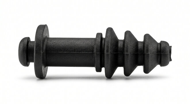 Flexible black silicone anti-vibration PC fan mounting pin isolated on a white background. Clean functional IT component.