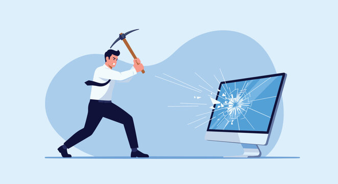 Frustrated businessman in a white shirt and tie smashes a computer monitor with a pickaxe due to office stress and burnout.