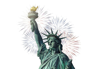 Fototapeta premium Statue of Liberty with torch and fireworks, American symbol for freedom and independence