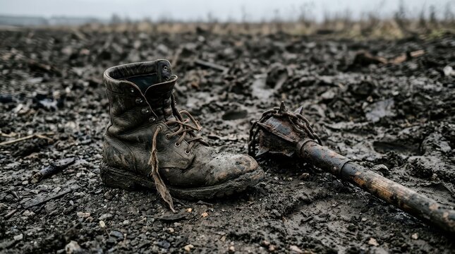A Single Mud-Caked Leather Boot Lying on the Ground