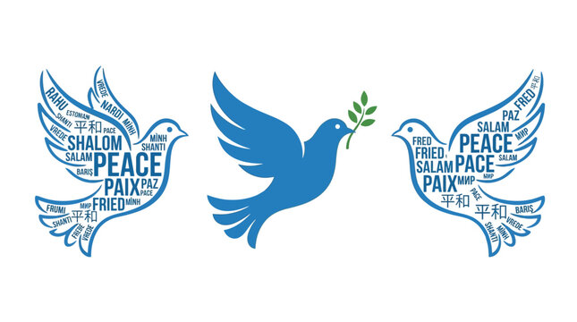 Two elegant blue doves carrying global peace messages in multiple languages with an olive branch symbolizing harmony