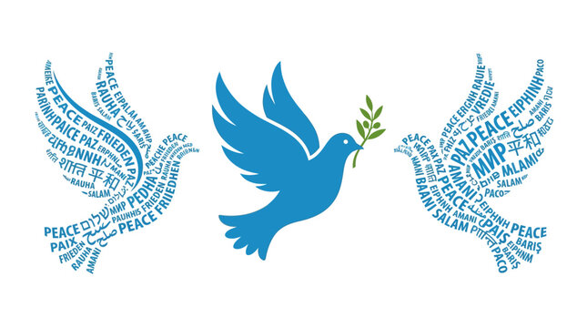 Blue dove carrying olive branch symbolizes global peace and unity across multiple languages for campaigns
