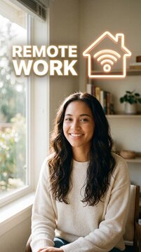 Young mixed-race woman smiling at home with remote work wifi house icon concept