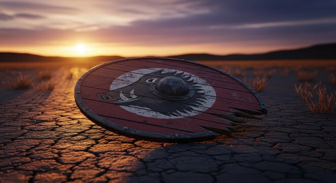 A Worn Viking Shield with Boar Symbol on Cracked Ground at Sunset