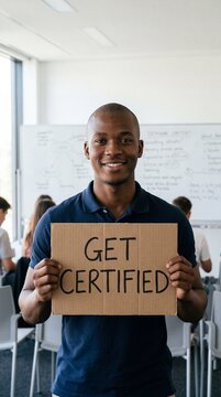 Young African man smiling and holding a get certified cardboard sign in a classroom
