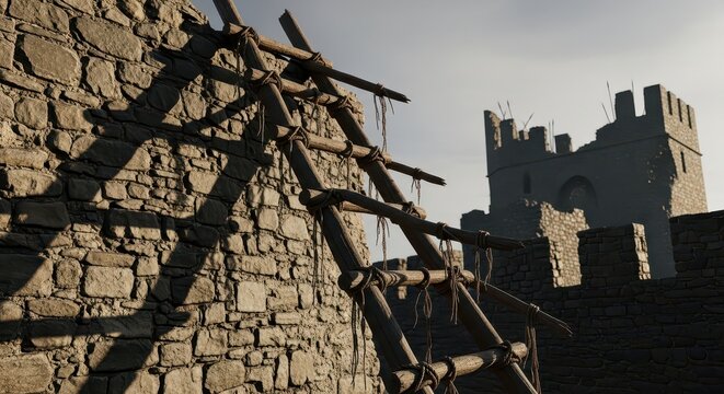 Ancient Siege Ladder Against Stone Castle Wall Under Sunlight