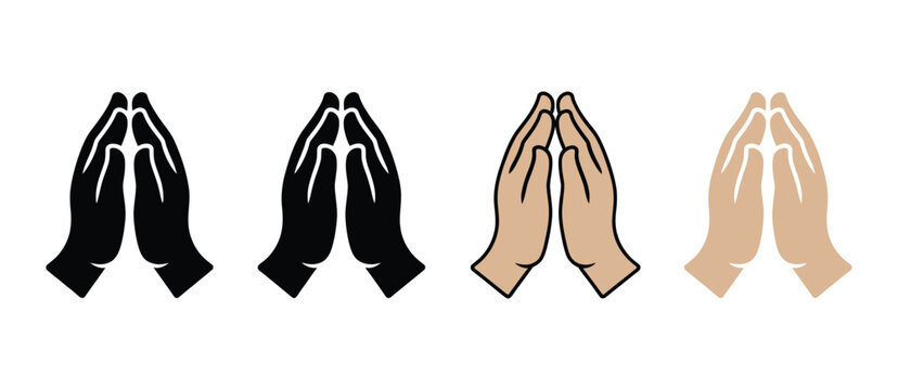 Praying hands icons with inclusive skin tones representing faith gratitude prayer mindfulness and spiritual connection vector design