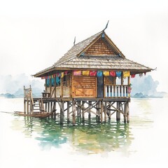 Obraz premium Serene Traditional Thai Stilt House Over Calm Water