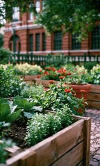Fototapeta premium Blooming garden oasis amidst an architectural backdrop