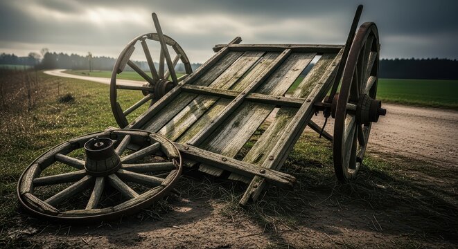 Antique Wooden Farm Cart Resting in a Grassy Field Under a Cloudy Sky