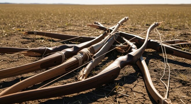 Antique Wooden Bows Resting on Dry Earth in a Field