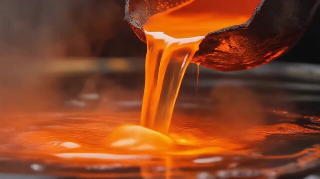 Liquid molten metal pouring from ladle in industrial foundry