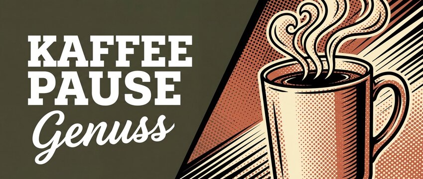 Kaffeepause coffee mug retro illustration with steaming hot espresso coffee and German text banner for cafe advertising and morning break sign in vintage comic book halftone style pop art design.