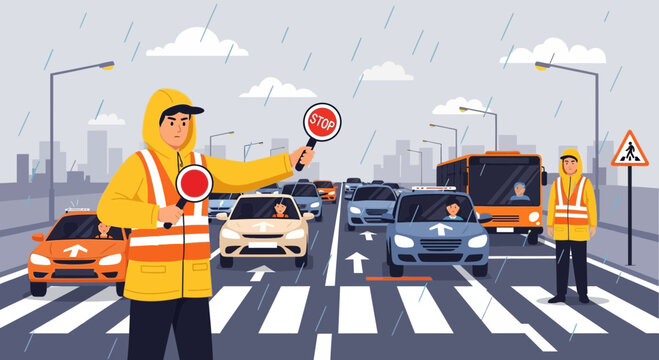 Traffic control officers directing cars in heavy rain, city street, busy intersection.