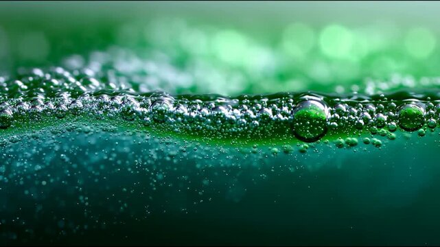 Macro view of green liquid fizzing with dense bubble layer