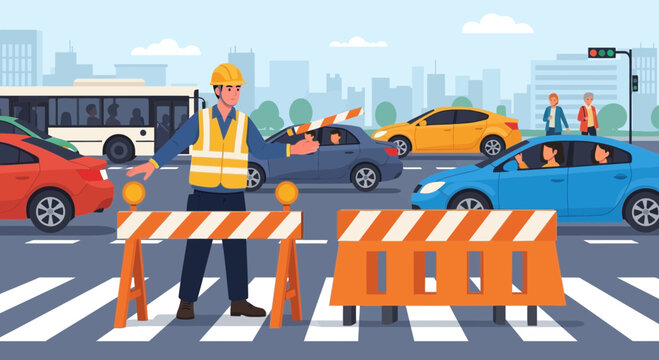 Traffic Controller Man Directing Cars at Road Blockade with Barrier