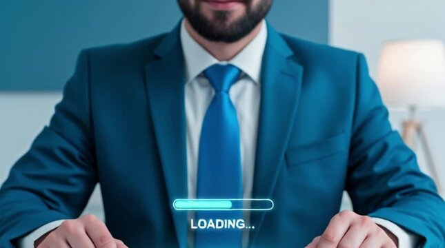 Businessman in a dark blue suit and tie adjusting his cufflinks while a digital loading bar appears in front of his torso.