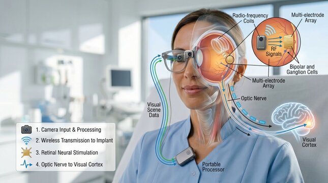 Woman using bionic eye glasses for visual impairment treatment. Artificial retina implant for blindness rehabilitation. Neuroscience neural prosthetic technology for vision restoration.