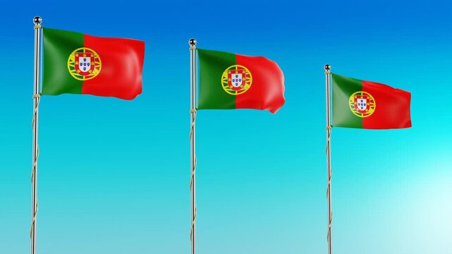 Three Portugal flags waving on poles in a 4K 3D looping animation against a clear blue sky, Patriotic projects, international news media, diplomatic commercial broadcasts, sport event.