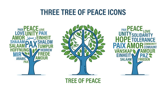 Creative tree of peace icons with global unity words in multiple languages for social awareness campaigns