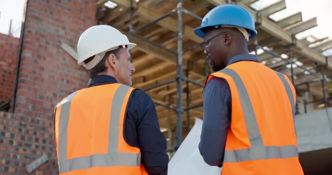 Construction, team and building inspection with blueprint for layout, structure integrity or design. Men, architect or talk with floor plan for renovation progress, code compliance or masonry safety
