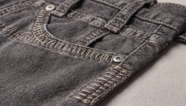 Focused medium shot showing multirow bartacking on garment stress points demonstrating enhanced strength and craftsmanship in textile production.